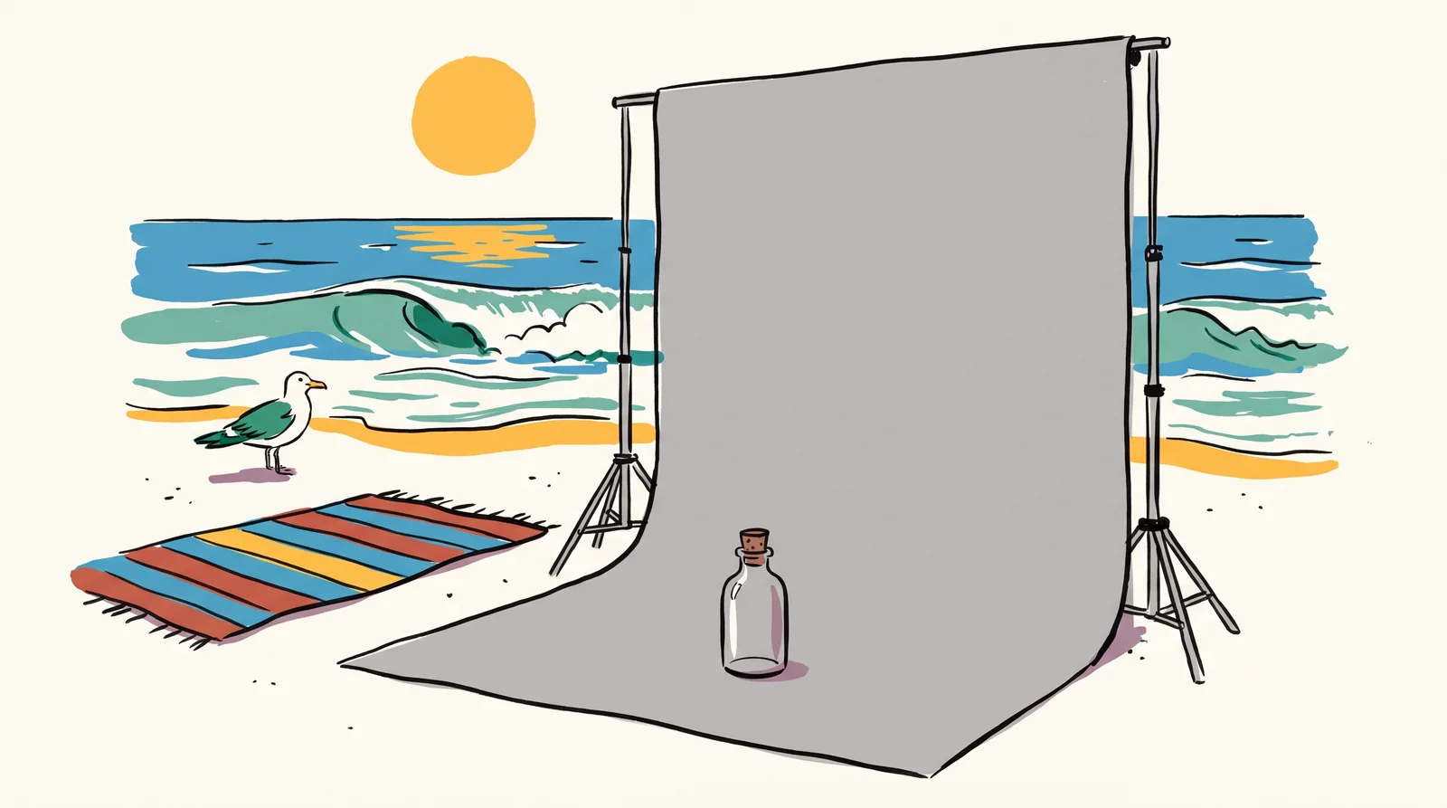 A sunny beach with waves, a striped towel and a gull. A small glass bottle stands on the sand with a flat grey studio backdrop on a stand right behind it, out of place on the beach.