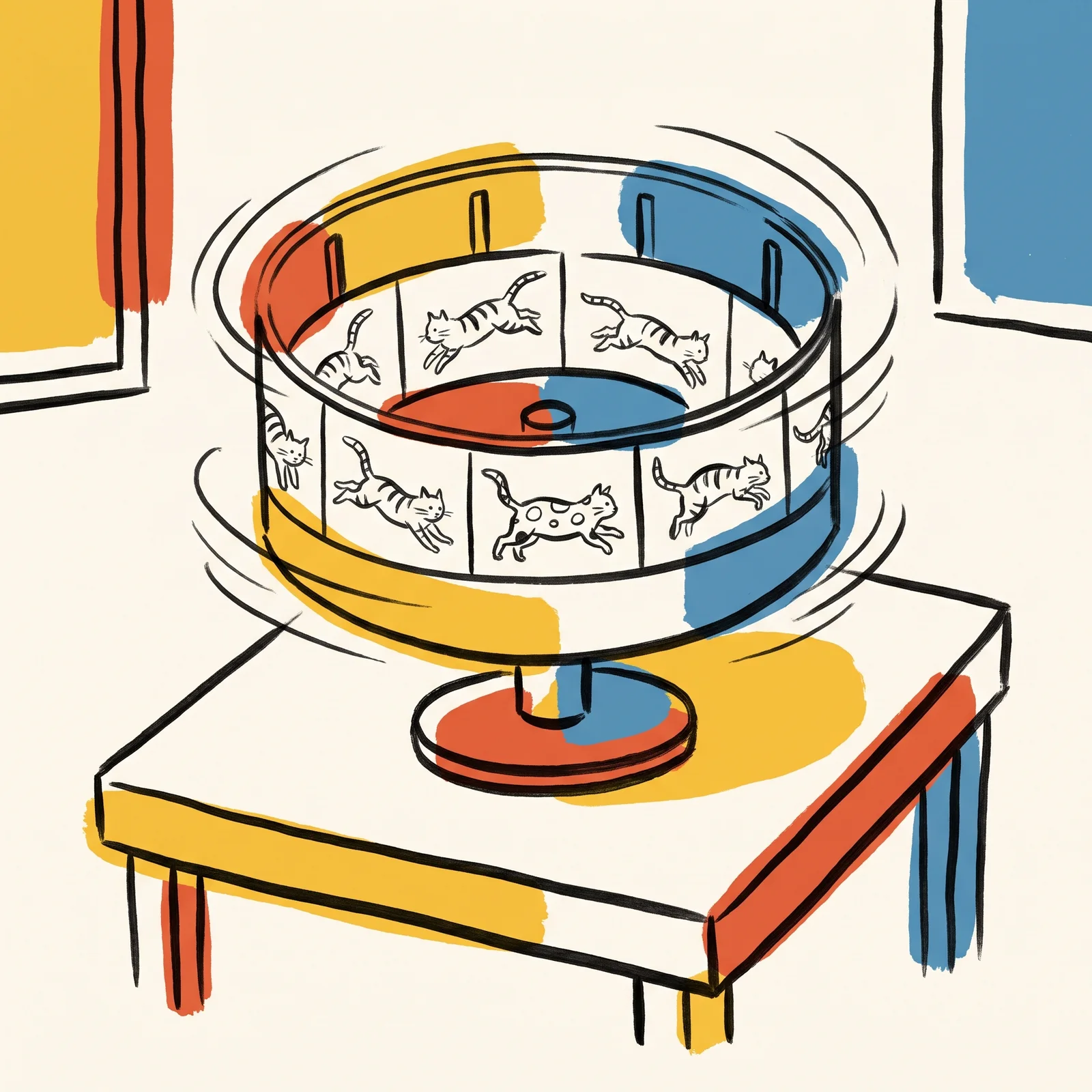 A zoetrope drum on a table spins, showing a strip of small drawings of a leaping cat through its slots. In one frame, the cat's stripes have turned into spots.