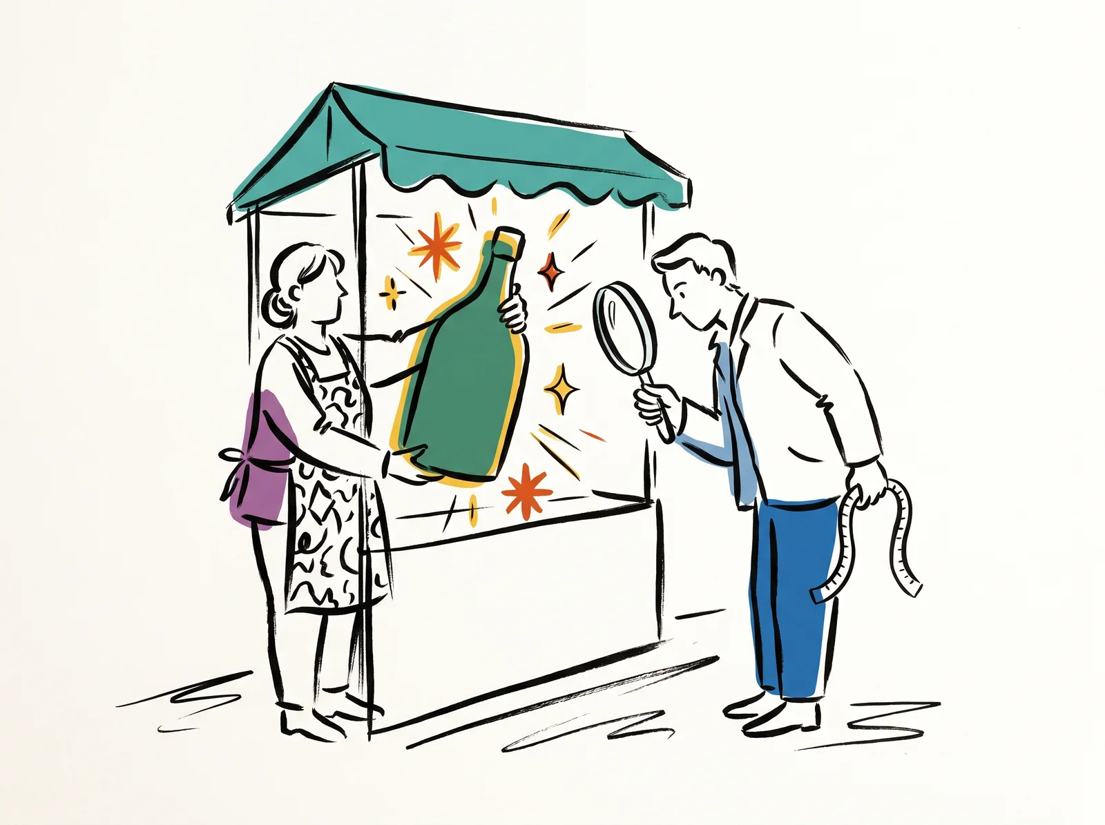 At a market stall, a seller holds up a big shiny bottle surrounded by sparkles. The buyer ignores the sparkle and inspects the bottle through a magnifying glass, holding a tape measure in the other hand.