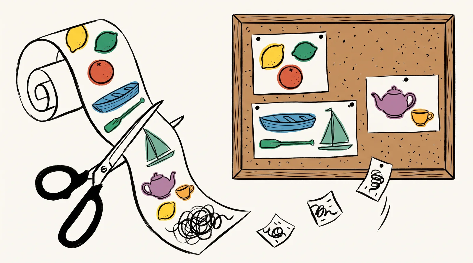 Scissors cut a strip of small drawings into pieces. On a corkboard the pieces are pinned in groups of related things: citrus fruits together, a boat with an oar and sail, a teapot with a cup. One squiggle has been cut into scraps that fall to the floor unpinned.