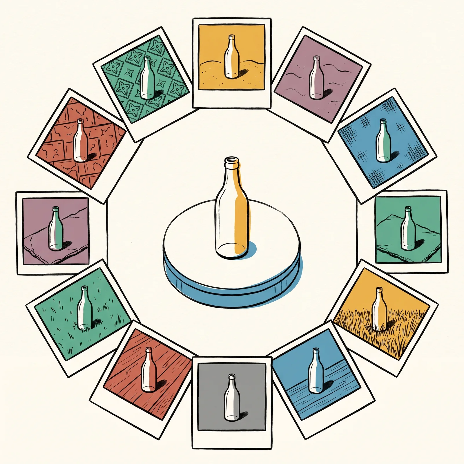 From above, a small bottle sits on a round turntable. Around it, twelve instant photos form a ring, each showing the bottle from a different angle and on a different surface, such as tiles, sand, linen, slate and grass.
