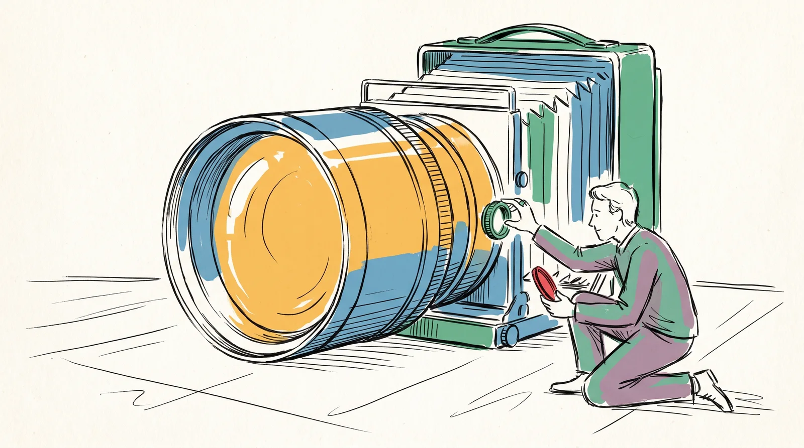 A person kneels beside a giant old camera whose lens is as big as a barrel. They are screwing a thin filter ring onto the front of the lens and hold a second filter in their other hand, ready to add on top.