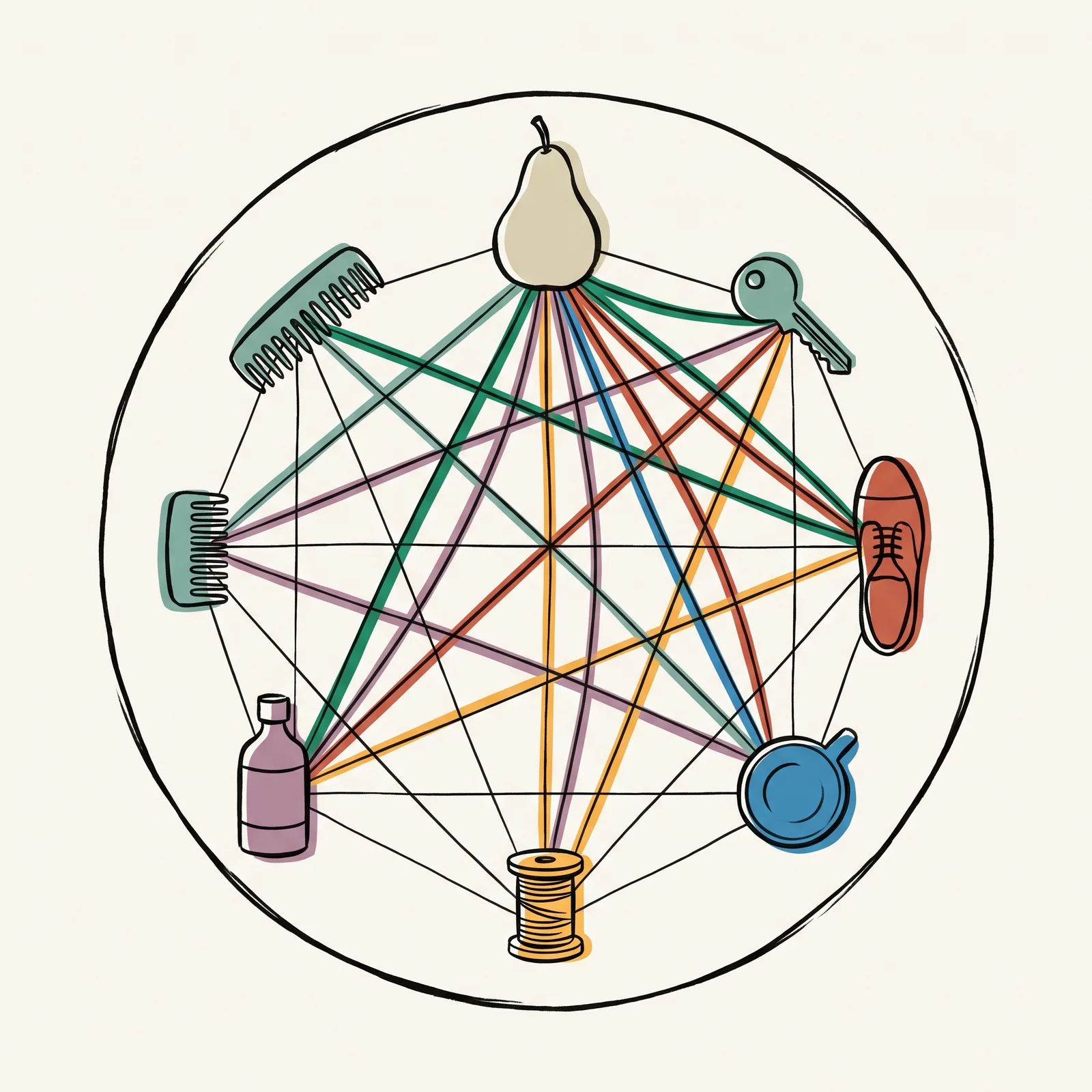 A round table seen from above with seven objects on it, including a pear, a key, a shoe and a cup. Threads connect every object to every other. The threads leading to the pear are thick and coloured; the rest are thin.