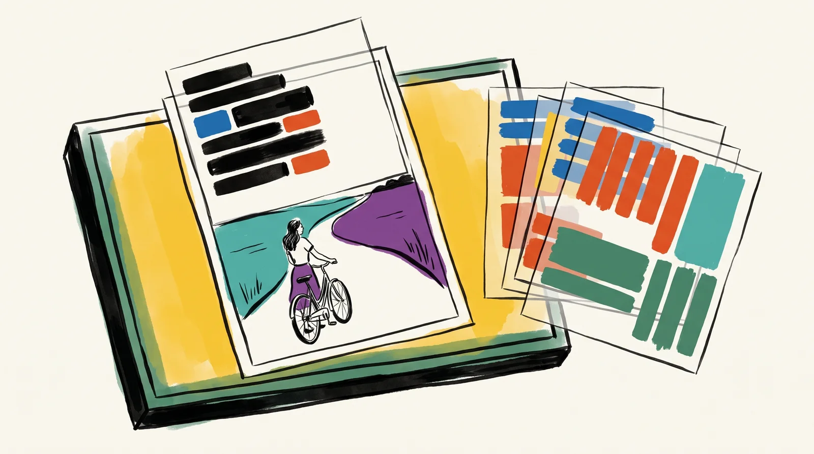 A print of a woman cycling along a country road, with empty sky above, lies on a light table. Four clear sheets fanned beside it each hold a different block of solid bars standing in for type. One sheet sits over the print, filling the sky.