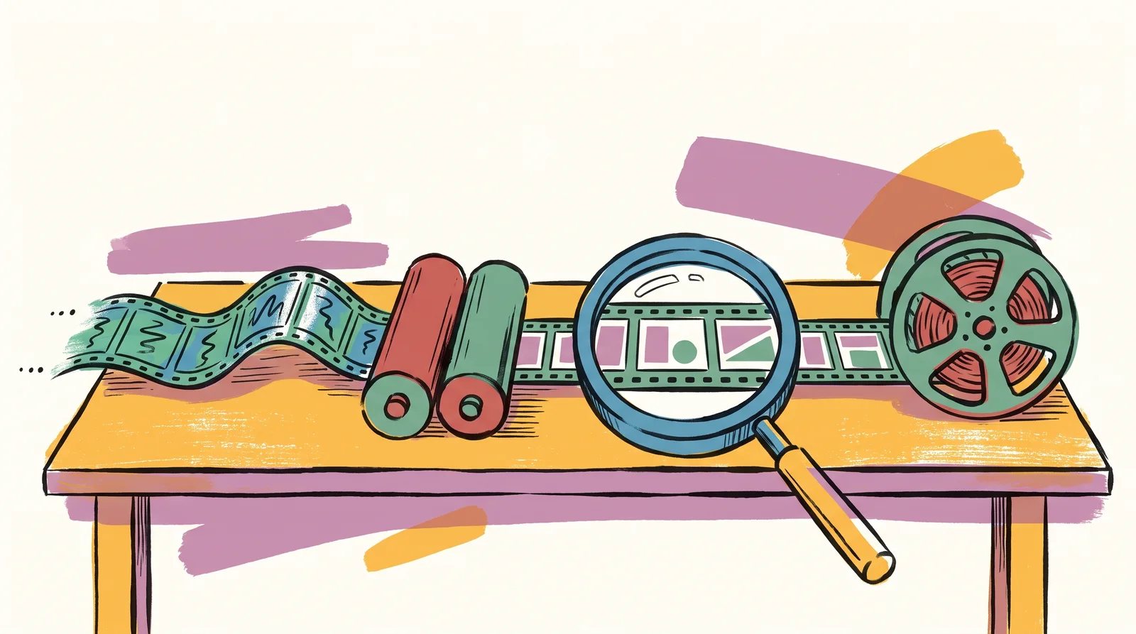 A shimmering, wobbly strip of film runs along a bench. It passes between two heavy rollers that flatten and steady it, then under a large magnifying lens that enlarges the now calm frames, before winding onto a reel.