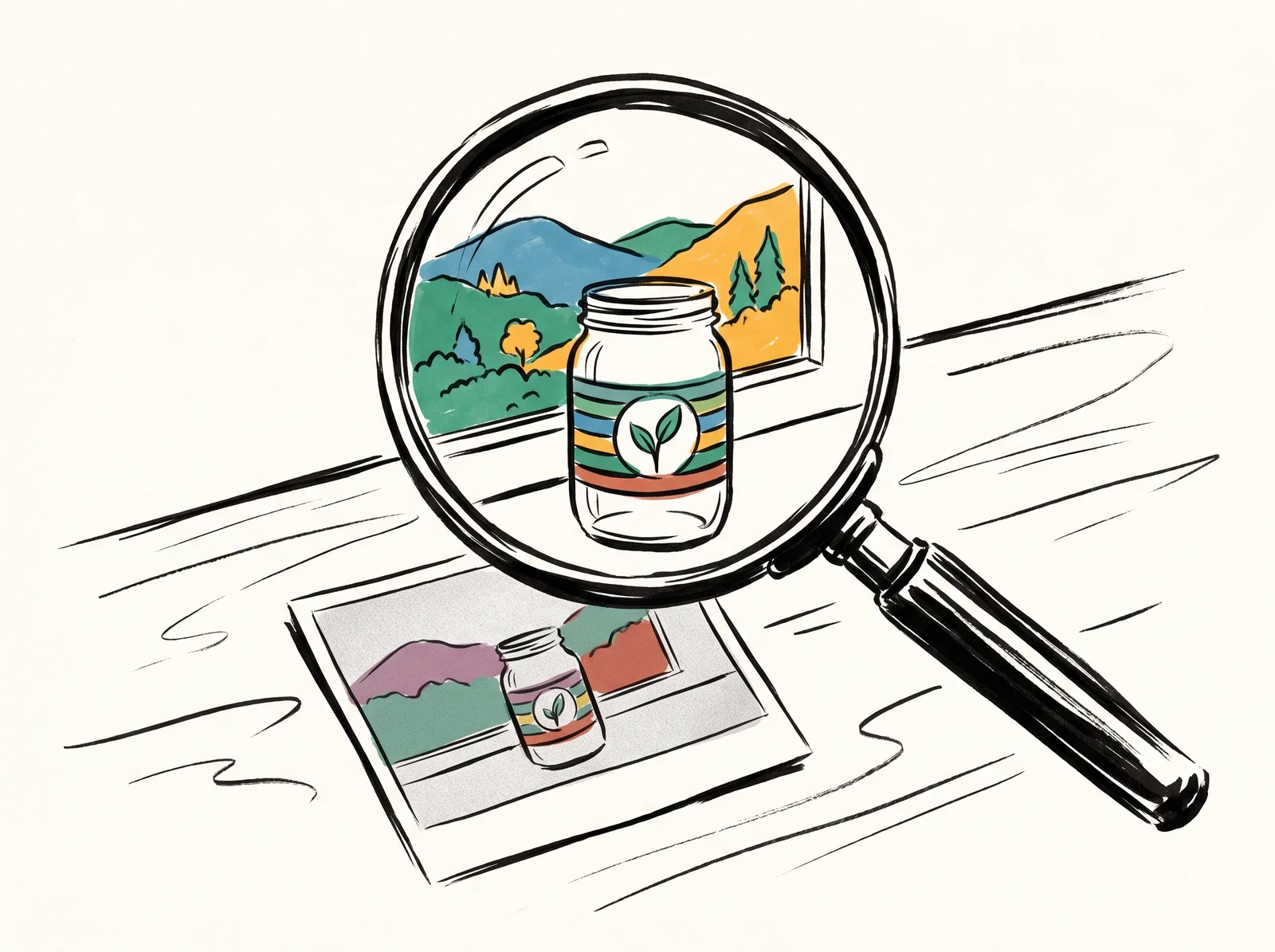 A small grainy photo of a jar on a windowsill with hills behind. A large magnifier shows the scene bigger and full of new detail in the grass and trees, but the jar's three stripes have become five and its leaf emblem has grown extra leaves.