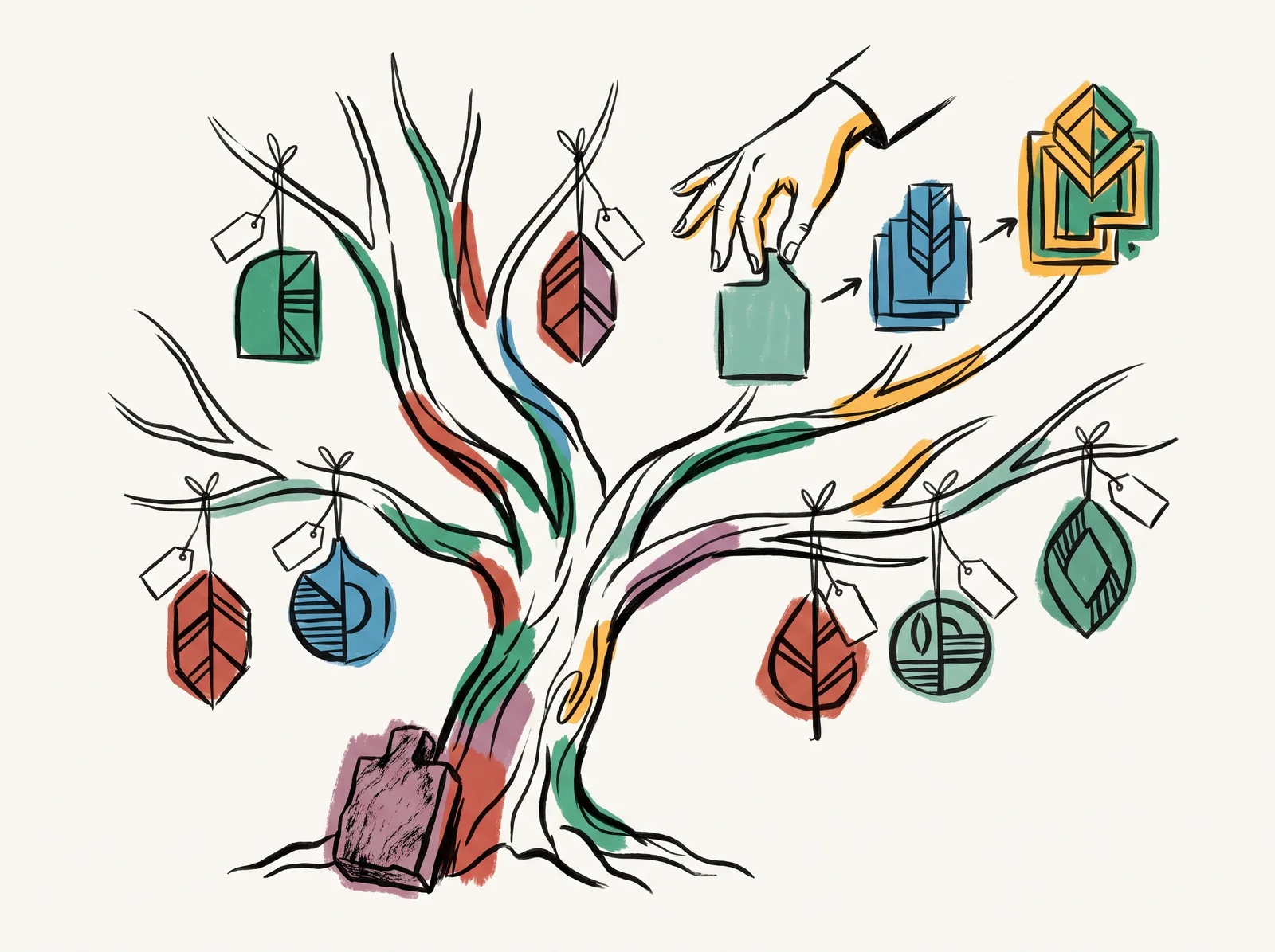A branching tree painted on a wall with prints hanging at its forks, each with a small tag tied on. The first rough print sits at the root, and a hand reaches back down one branch to take an earlier version.