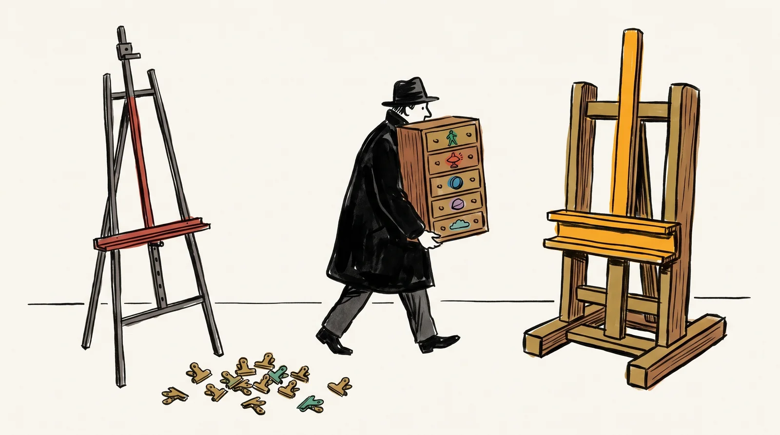 A person carries a small cabinet with five drawers from one easel to a very different one. Each drawer has a small picture on it: a figure, a lamp, a lens, a stone and a cloud. Odd brass clips lie abandoned by the first easel.