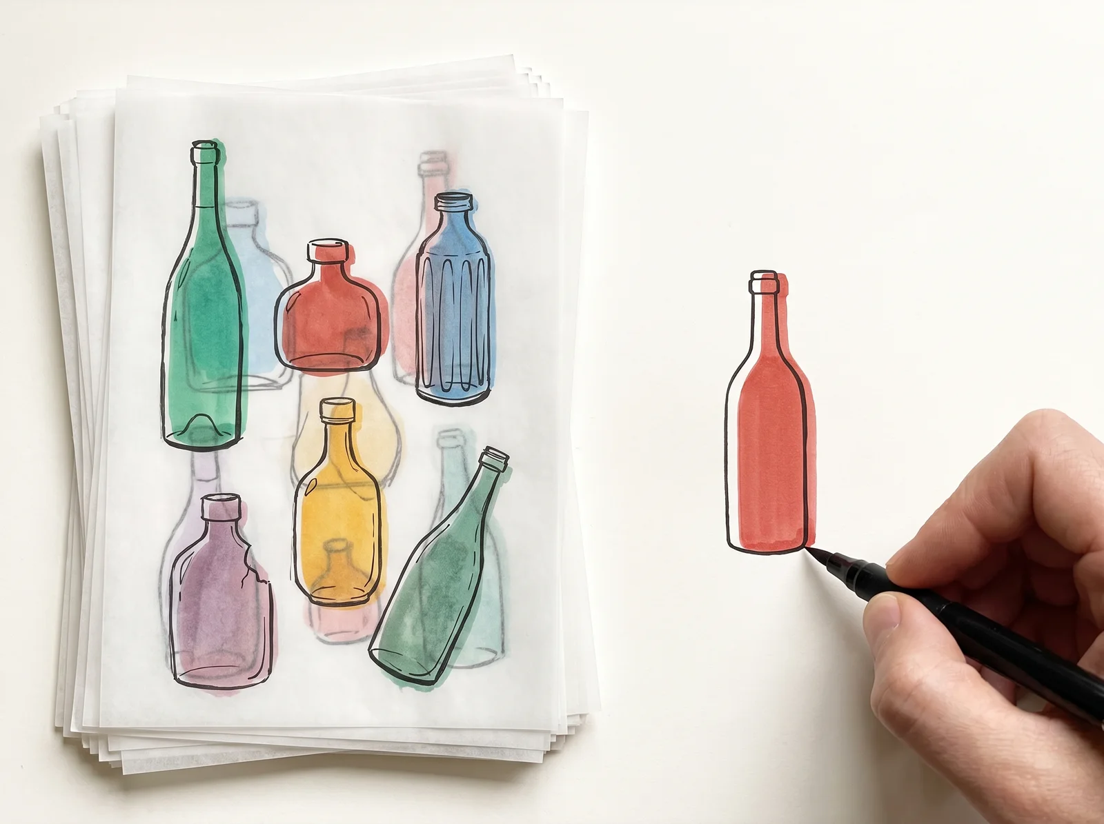 A stack of see-through tracing sheets, each with a different bottle drawn on it, some tall, some squat, some chipped. Their outlines blur together through the layers. On top, a hand inks one plain, average bottle that sits in the middle of them all.
