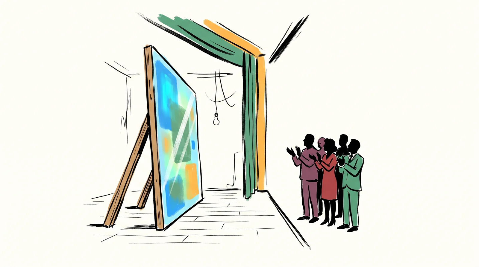 From the side, a shiny, finished-looking screen design stands like a stage set while a small audience applauds. From this angle it is clearly just a thin painted board held up by two struts, with nothing behind it.