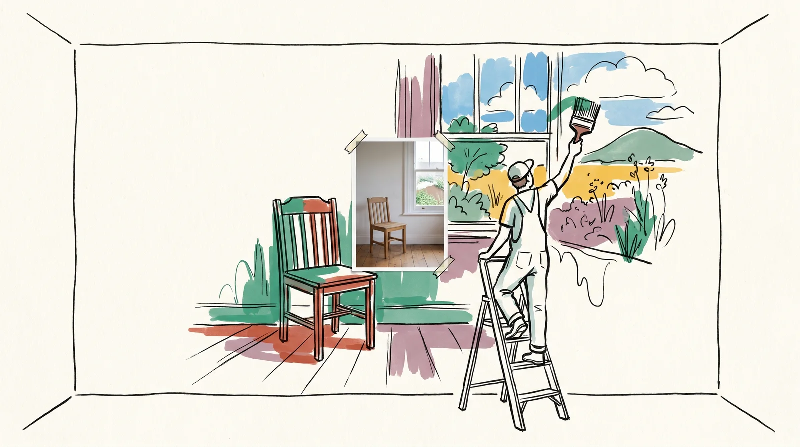 A small photograph of a chair by a window is taped to the centre of a big wall. A painter on a stepladder has painted the scene outward around it, adding the rest of the room, a garden, clouds and a far hill.