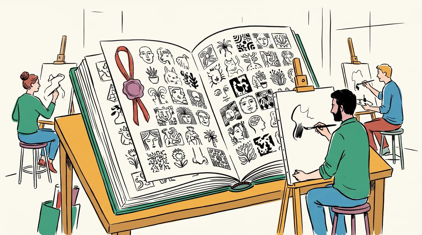 A large open book on a table, its pages made from hundreds of small pictures in many styles. Artists at easels around the room keep working, a couple glancing at the book. One page has a ribbon and a wax seal; most do not.