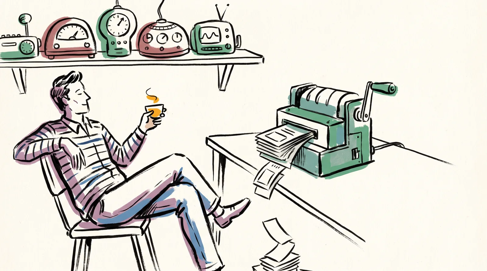 A designer leans back with a cup of tea while a small machine on the desk trims a stack of cards to a new size. On a high shelf behind, a row of shiny novelty gadgets sits covered in dust.