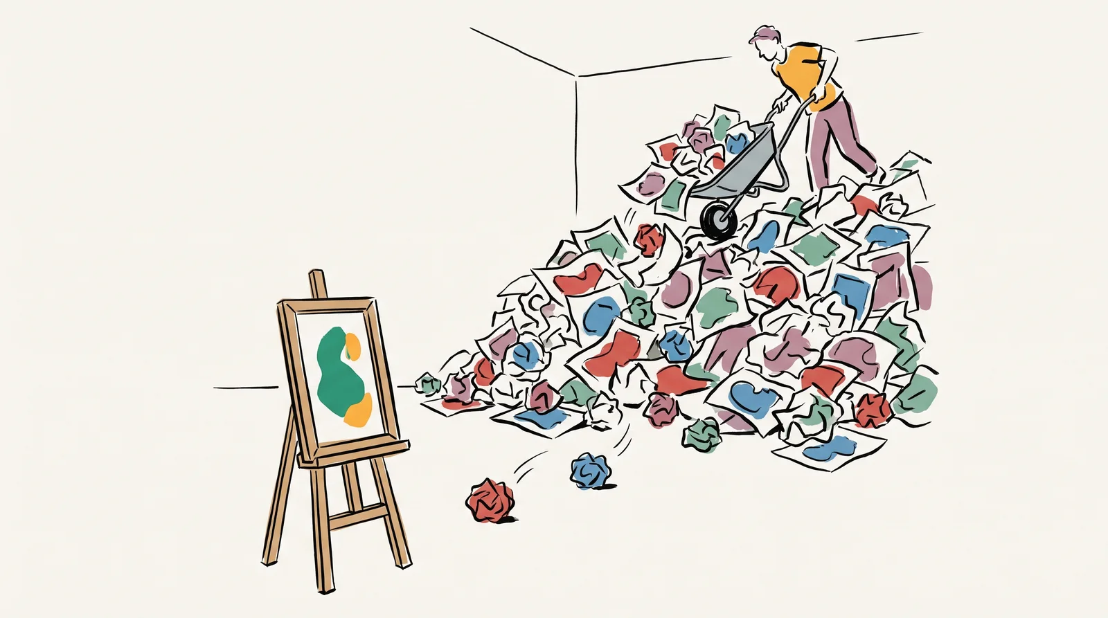 One small framed print stands on an easel. Behind it, a huge heap of crumpled rejected prints nearly reaches the ceiling, and a person with a wheelbarrow tips another load onto the pile.