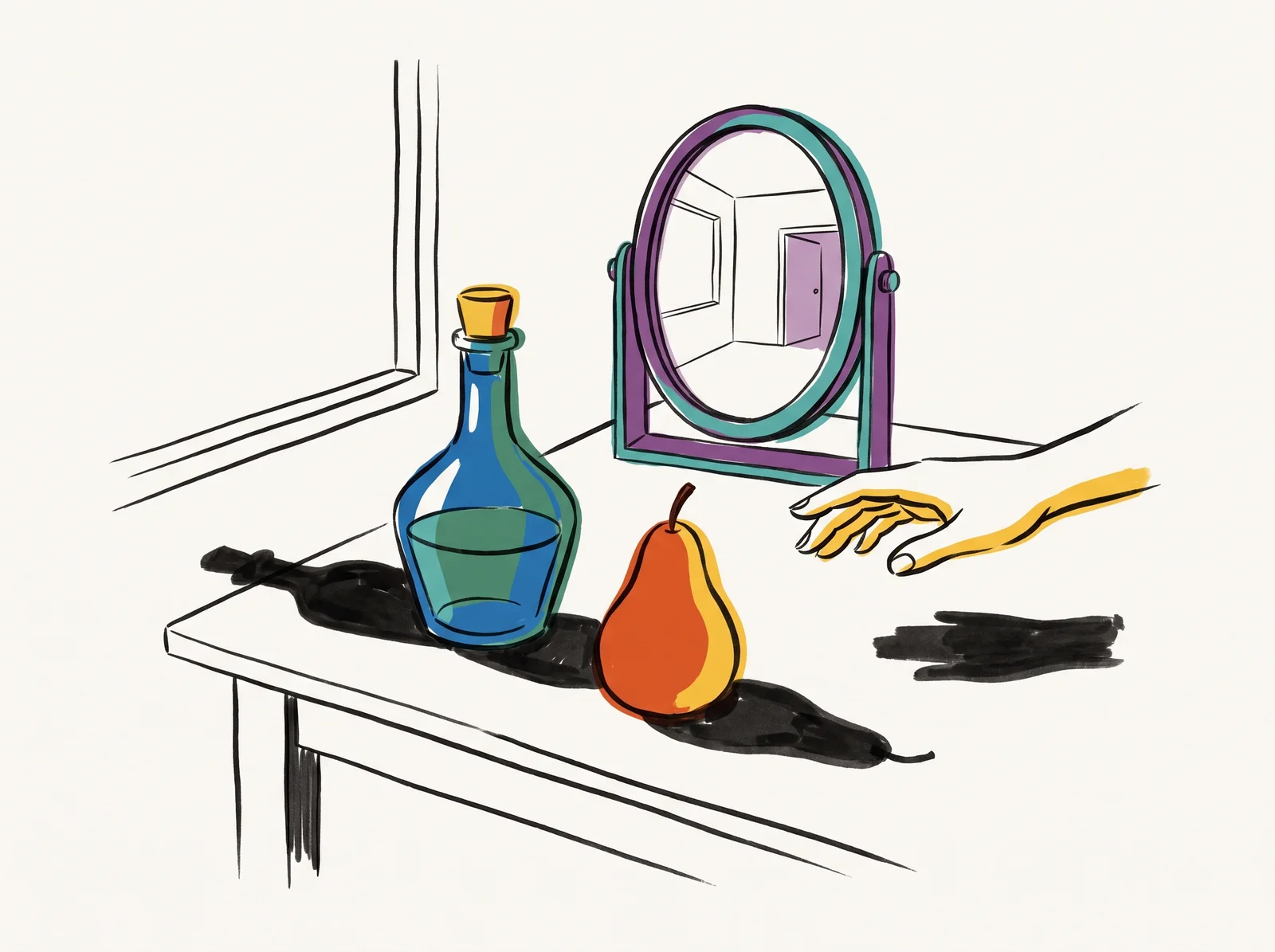 A glass bottle and a pear on a table by a window. Their shadows fall in opposite directions. A small mirror behind them reflects a different empty room, and a hand reaching for the bottle is a little too small.