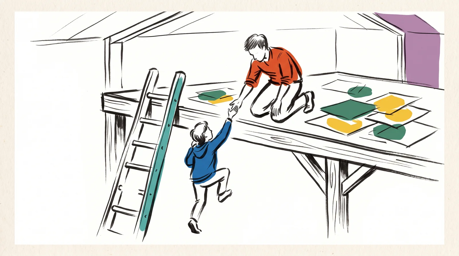 A tall ladder leans against a studio mezzanine, but its bottom rungs are missing. An experienced designer kneels at the top and reaches down to help a young person climb past the gap.