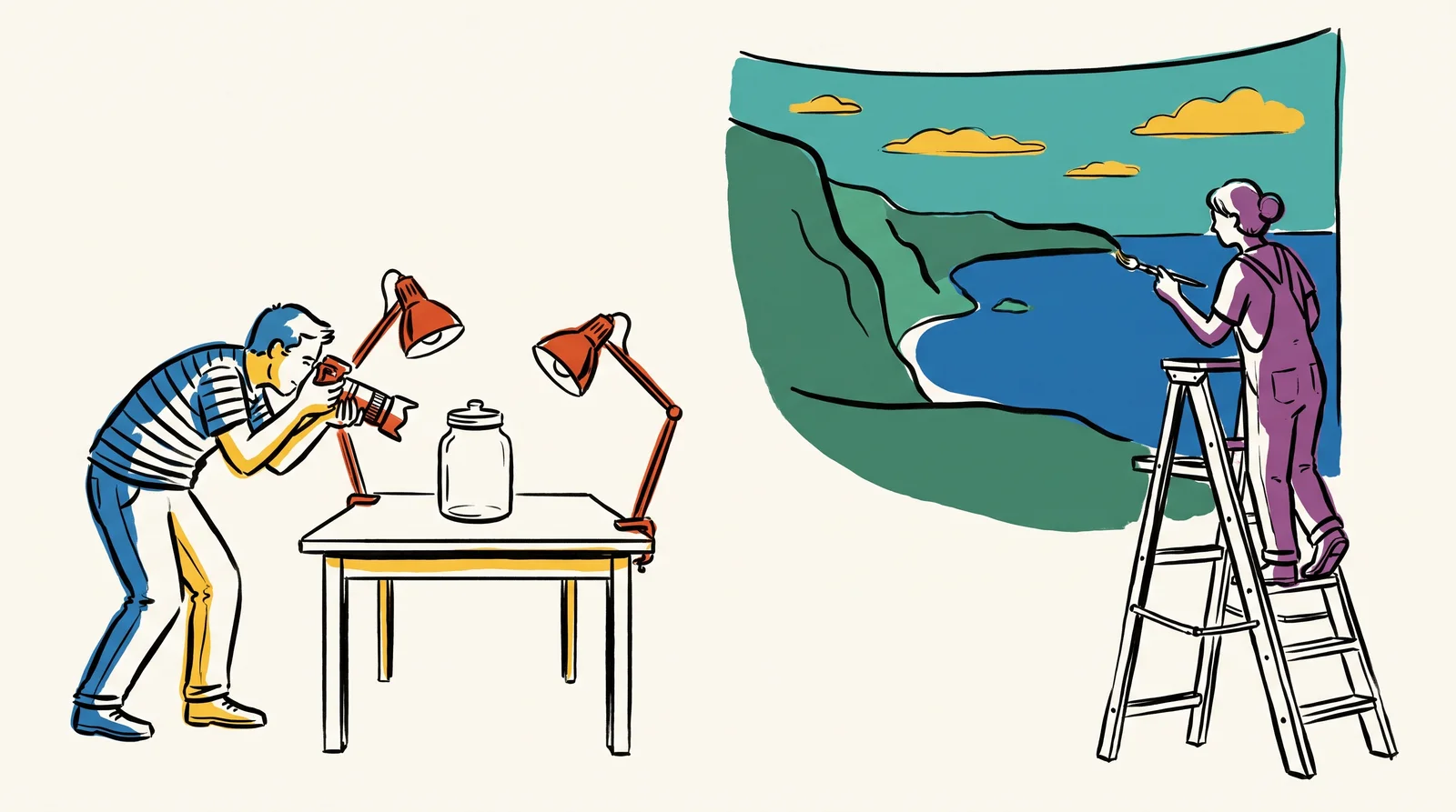 A photographer at a small tabletop set with two lamps shoots a real jar. Behind them, a painter on a tall ladder brushes a huge imaginary backdrop of cliffs, sea and sky.