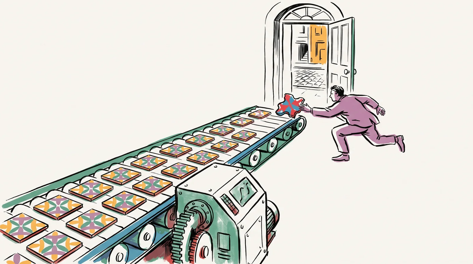 Seen from low down, a long conveyor carries hundreds of similar patterned tiles from a machine toward an open street door. One tile near the door is jagged and misshapen, and a person reaches to catch it before it slides outside.