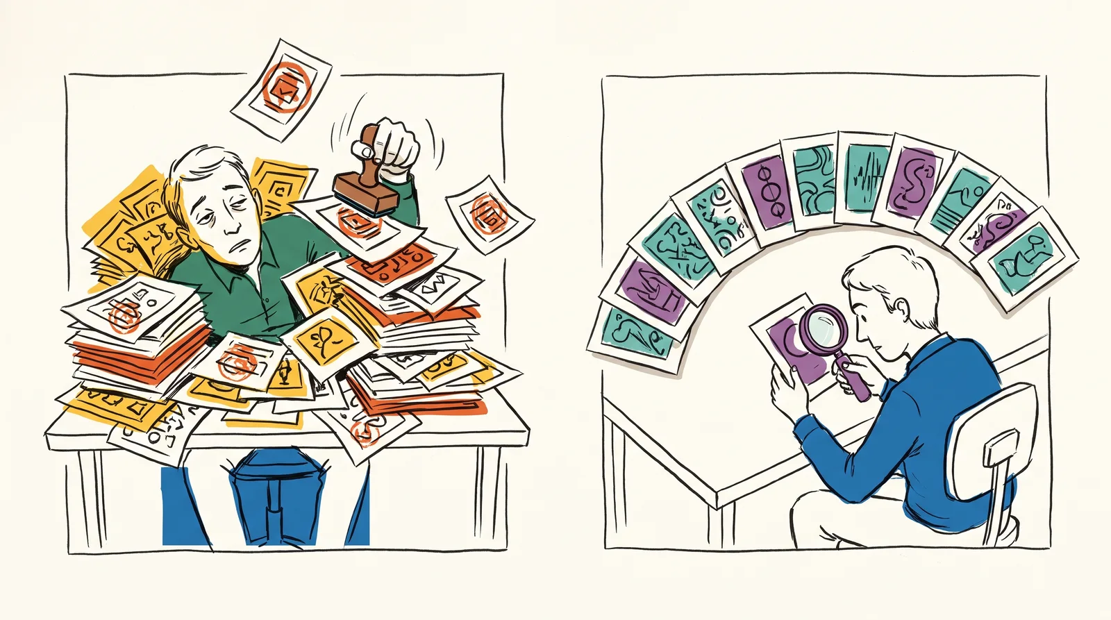 Two desks. At one, a person buried under a pile of hundreds of prints stamps them half asleep. At the other, a person with only twelve prints examines one closely with a magnifying loupe.