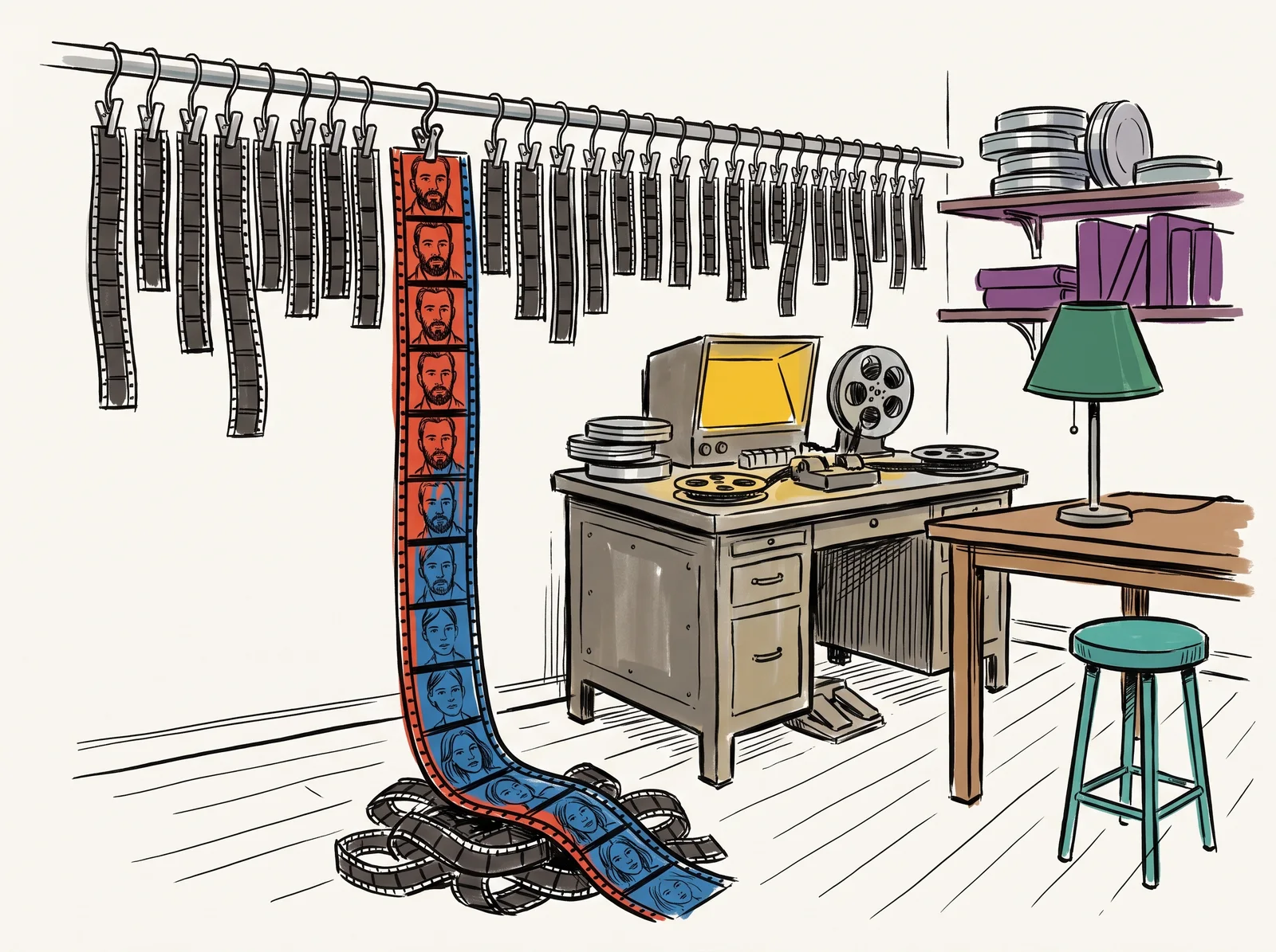An old editing room with a rail of short film strips hanging from clips. One long strip trails to the floor, and the face in its frames gradually turns into a different person toward the bottom.
