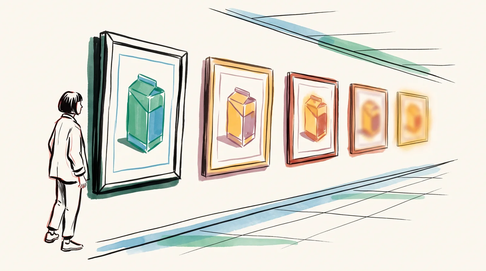 Six framed prints of the same product shot hang along a corridor. The nearest is cool and crisp with a hard shadow. Each one after it is warmer, softer and more centred, until the last is a hazy golden blur.