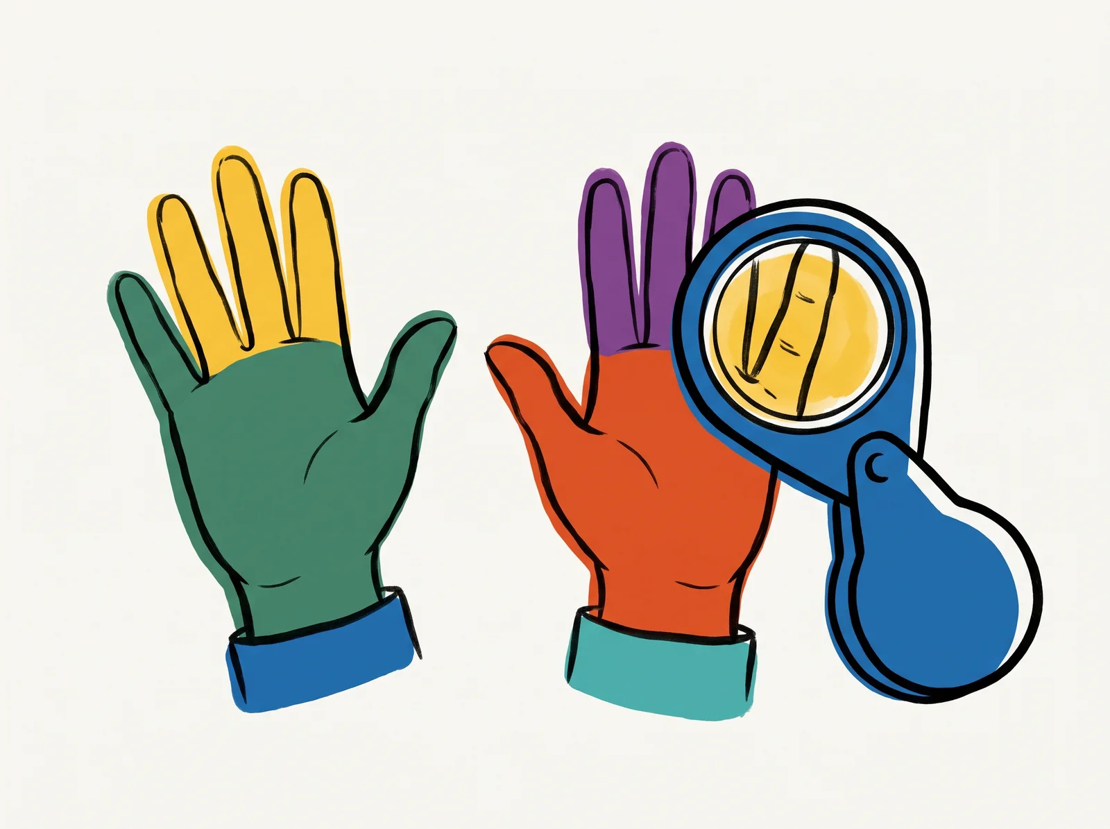 Two carefully drawn hands raised side by side on a sheet of paper. The left has five fingers; the right has six, drawn just as confidently. A small magnifying loupe rests over the extra finger.