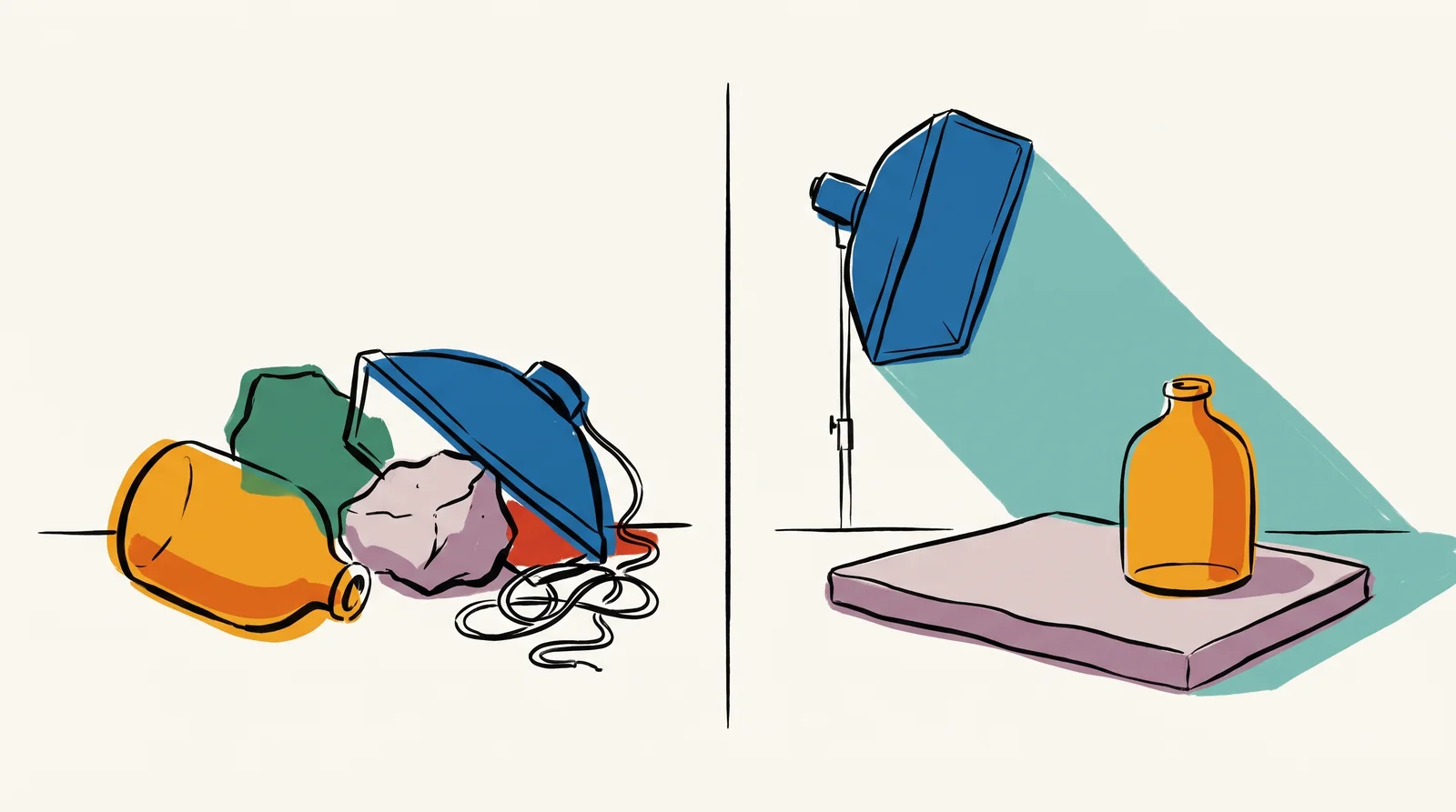 Split in two. On the left, an amber bottle, a slab of pale stone and a softbox lie in a tangled heap. On the right, the same objects are arranged: the bottle stands on the stone, lit from the left, with a long soft shadow to the right.