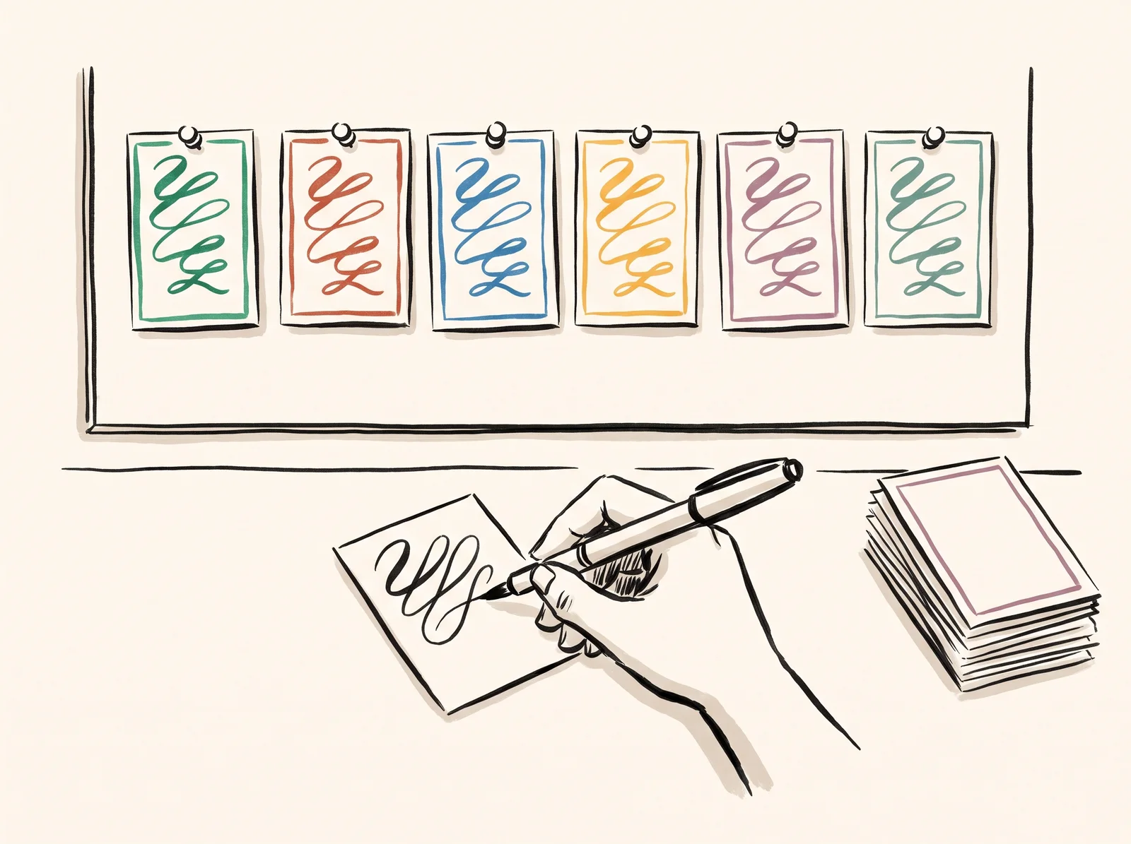Six small cards pinned in a row, all written in the same looping handwriting. Below, a hand writes a seventh card copying that style. A stack of cards in plain, generic writing is pushed aside at the edge of the desk.