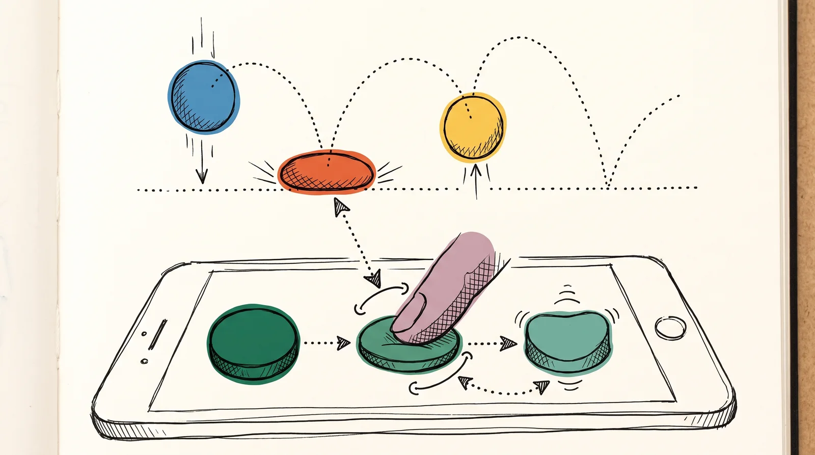A red ball stretching and squashing along a bouncing arc above a round phone button that flattens under a fingertip and springs back, linked by dotted arrows.