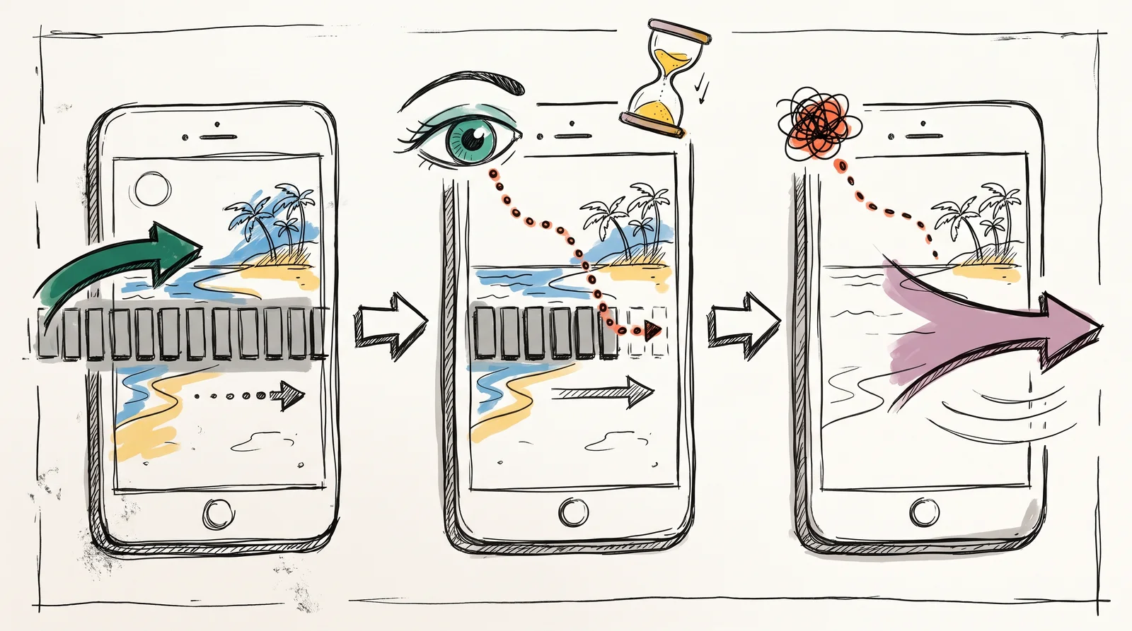 Three phone frames where a line of blocky shapes slides in over a beach photo, a sketched eye reads halfway along it, and the line disappears before the eye reaches the end.