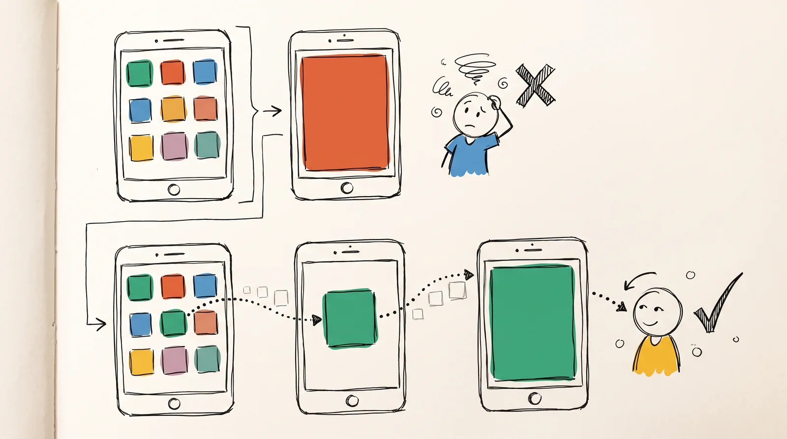 Two rows of phones: above, a full-screen photo appears abruptly and a small person looks confused; below, a photo square grows along a dotted path and the person follows it.