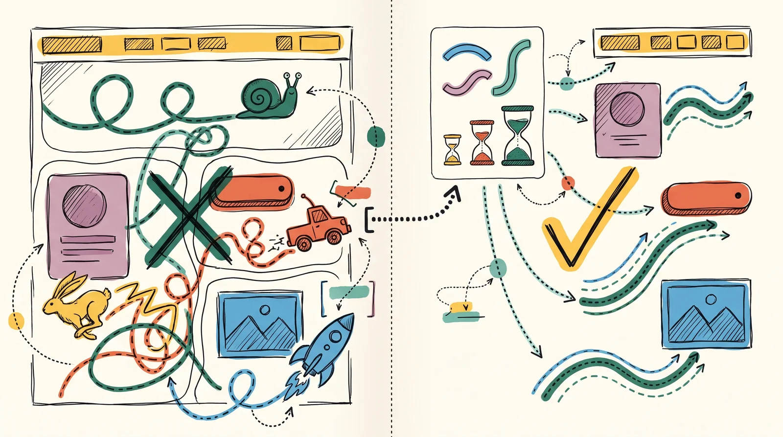 A web page sketch with four parts moving at mismatched speeds beside a snail, hare, car and rocket, next to the same page where one small card of curves and timers sets every part's motion.