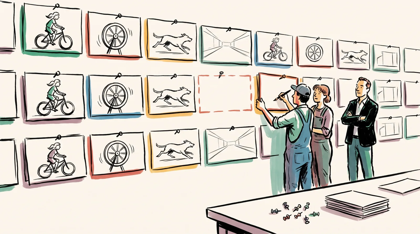 A wall of pinned sketch panels in rows, with one animator moving a panel while a director stands back with folded arms to look at the whole sequence.