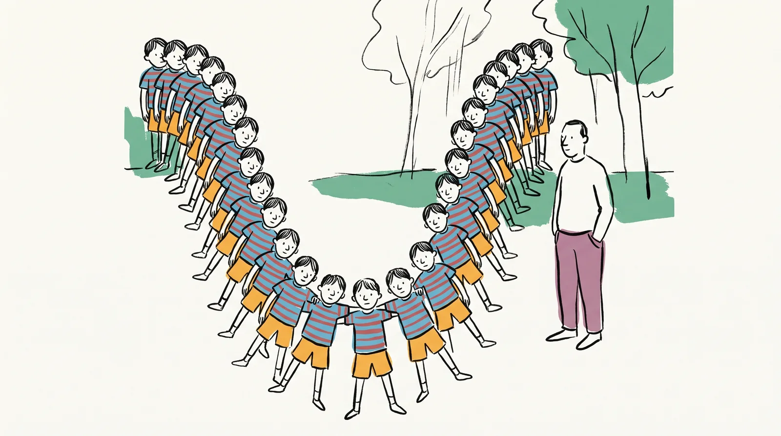 Several overlapping copies of a child on a swing along one arc, close together at the high ends and far apart at the bottom, with a parent watching.