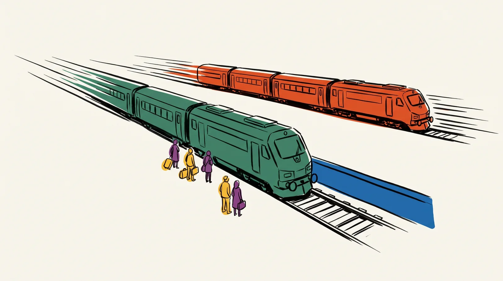 A station with one train gliding to a gentle stop at the platform, its speed lines fading, and another pulling away with speed lines growing longer.