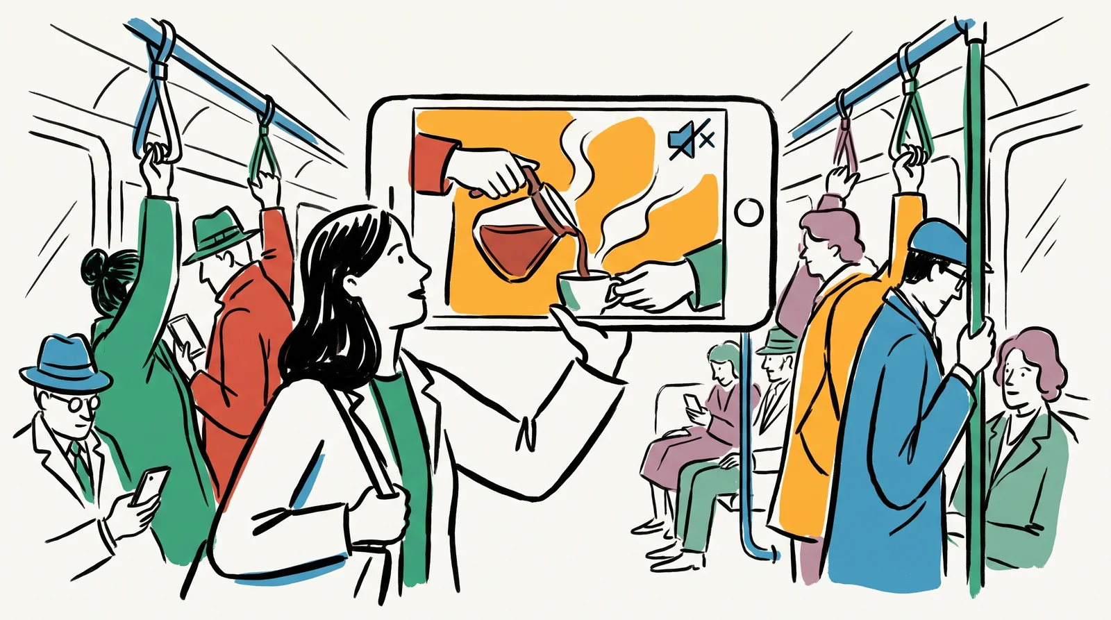 A woman on a crowded train watches a silent video of coffee being poured on her phone, with a muted speaker icon in the corner and other passengers on their phones.