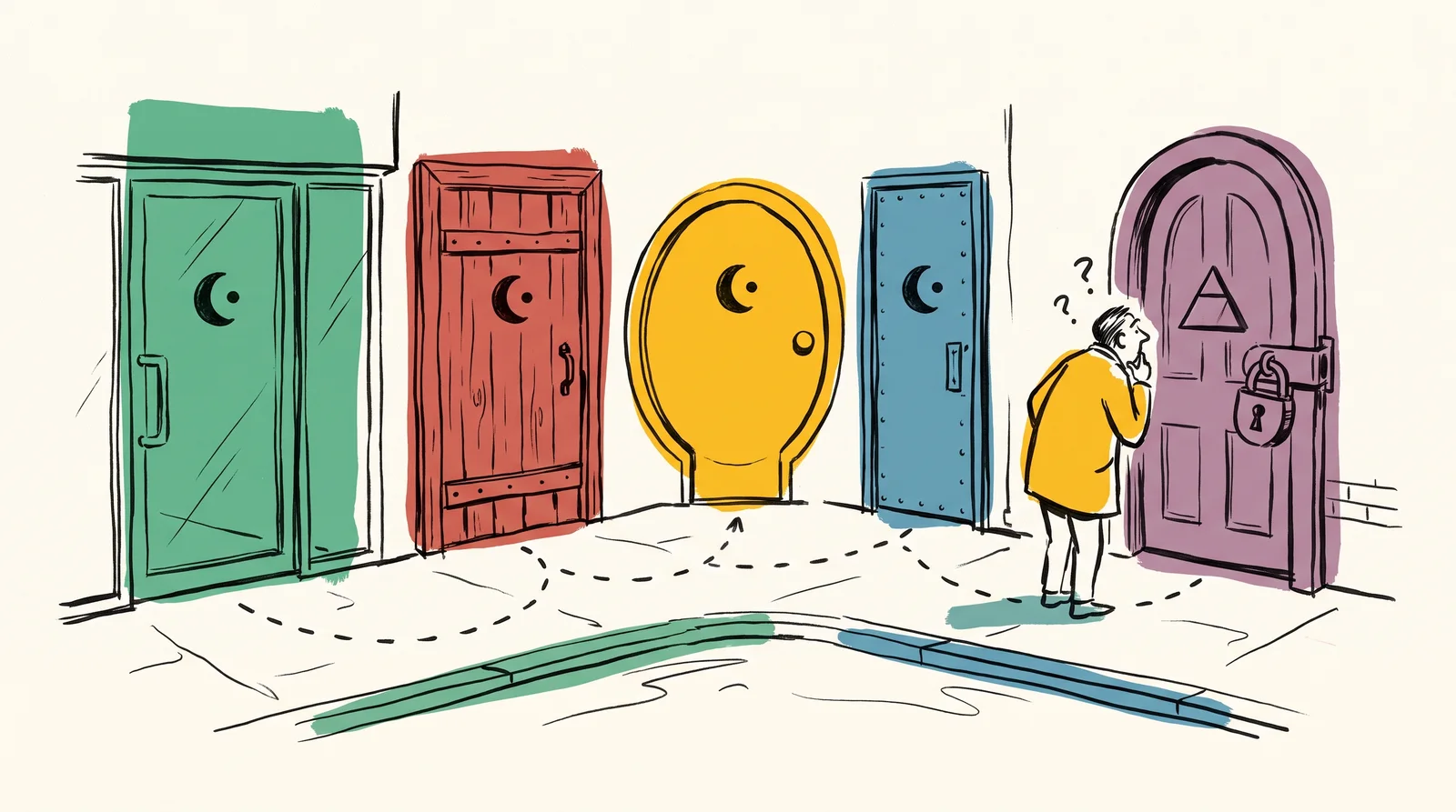 Five different shop doors stand along a street, four marked with the same crescent emblem and one padlocked with a triangle emblem, where a customer has stopped, confused.
