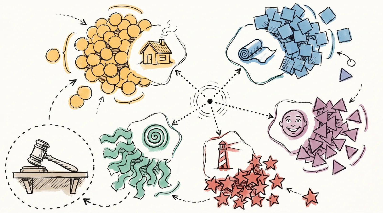 A map-like drawing of five fields around a centre point, each marked by a cottage, cloth, a smiling face, a lighthouse or a spiral and filled with paper slips of one shape, with an unused gavel on a shelf in the corner.