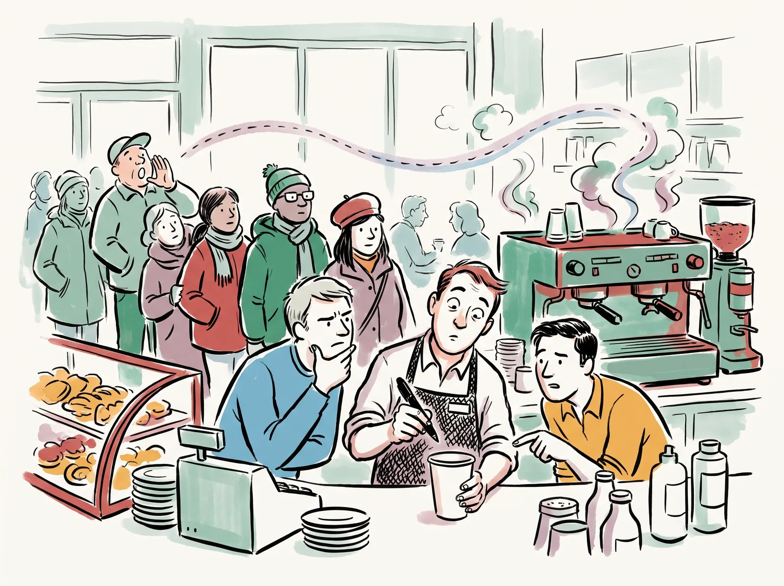 In a crowded café, a customer calls out from the queue while a puzzled barista holds a pen above a blank paper cup and two colleagues lean in.