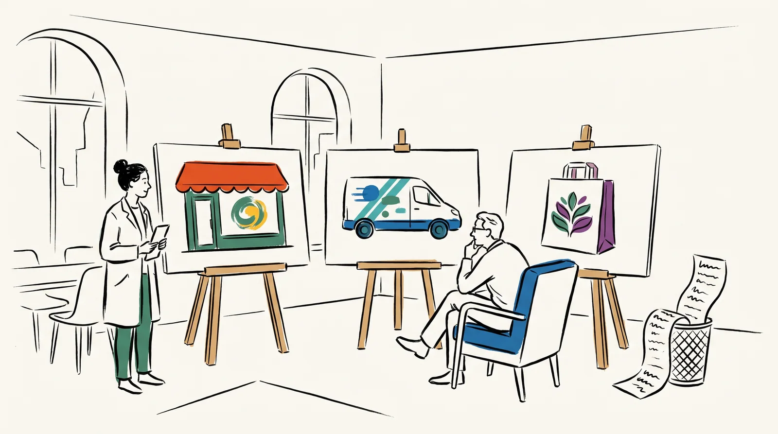 A designer presents three easel boards showing mock-ups on a shopfront, a delivery van and a carrier bag to a client leaning forward, with a crumpled list in a bin.