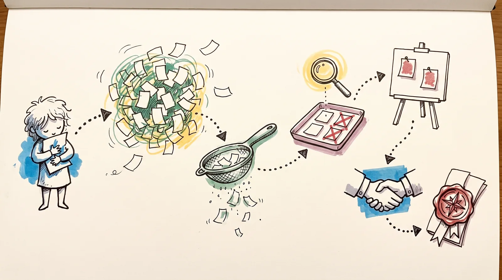 A winding path with eight stops runs from a brief and a storm of paper slips through a sieve, a tray of four slips with two crossed out, an easel and a handshake, to a wax seal.