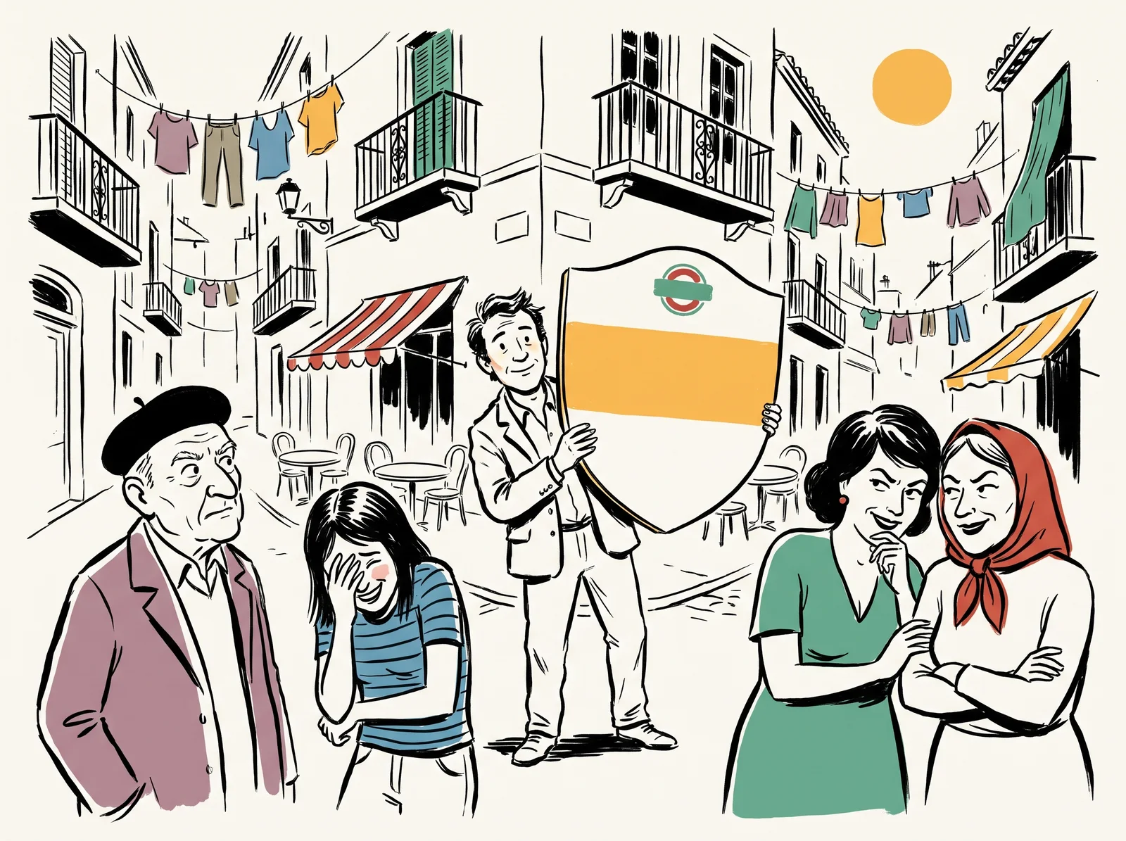 A founder holds up a blank sign-shaped board on a foreign street while four locals react, one raising an eyebrow, one hiding a laugh and two smirking.