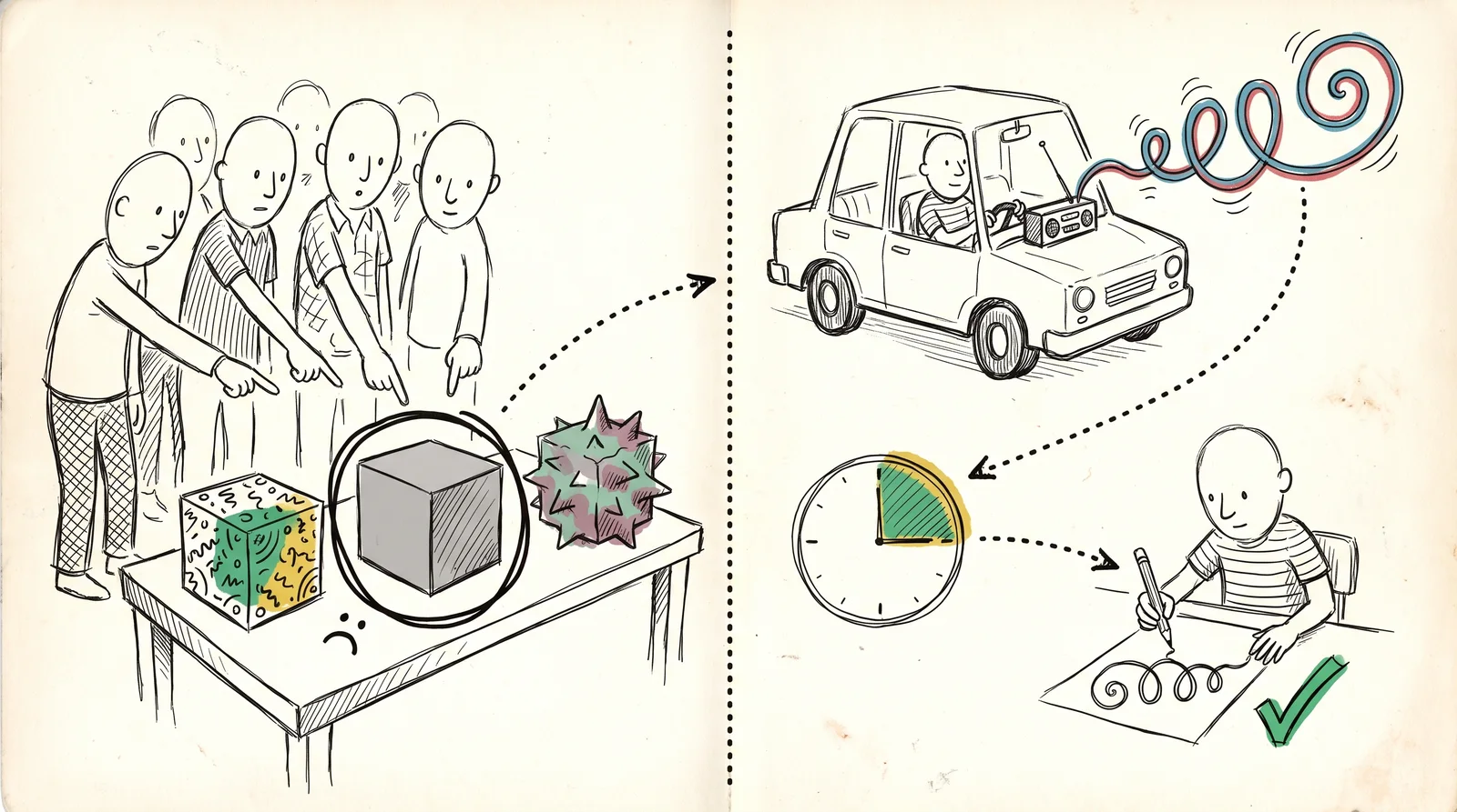 On the left a group all point at a plain grey cube among three, and on the right a driver hears a curly sound ribbon from the radio and later redraws it correctly.