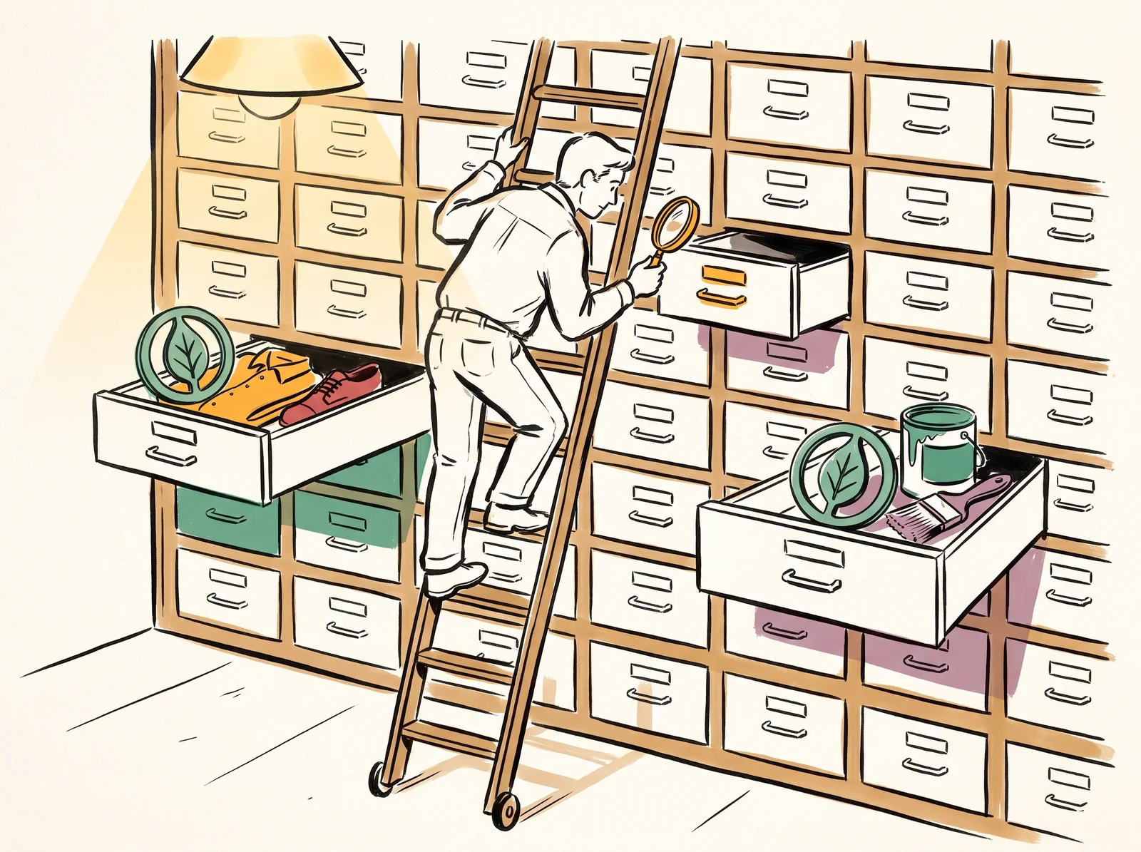 A person on a ladder holds a magnifying glass to a wall of small wooden drawers, two of which are open and each hold the same round leaf emblem, one on a shirt and shoe and one on a paint tin and brush.