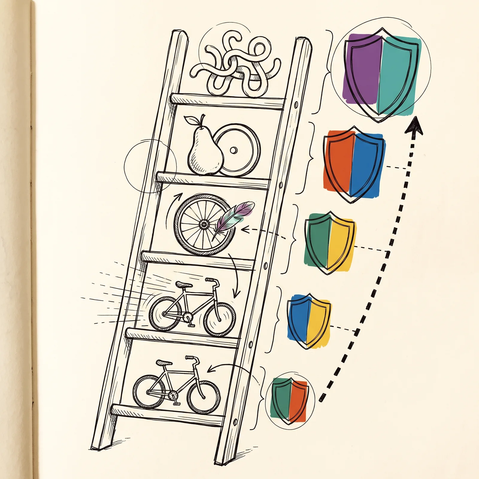 A five-rung ladder holds a bicycle at the bottom, then a bicycle with speed lines, a wheel with a feather, a pear and an abstract squiggle at the top, with shields beside the rungs growing larger toward the top.
