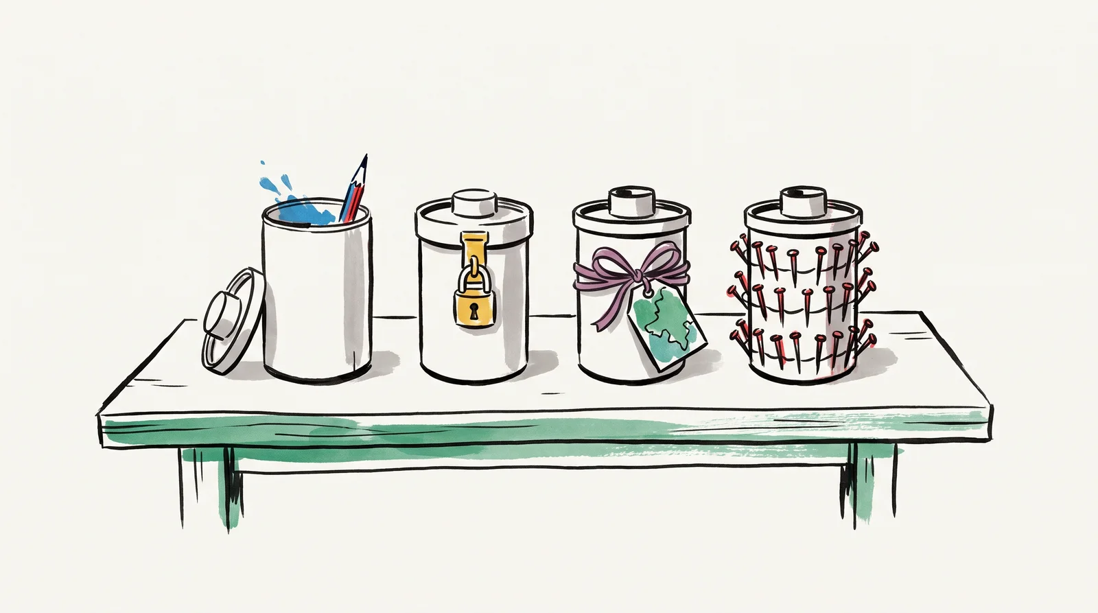An ink drawing of four identical film canisters on a green workbench: one open with brushes in it, one with a small padlock, one tied with a ribbon and a map-shaped tag, and one studded all round with pins.