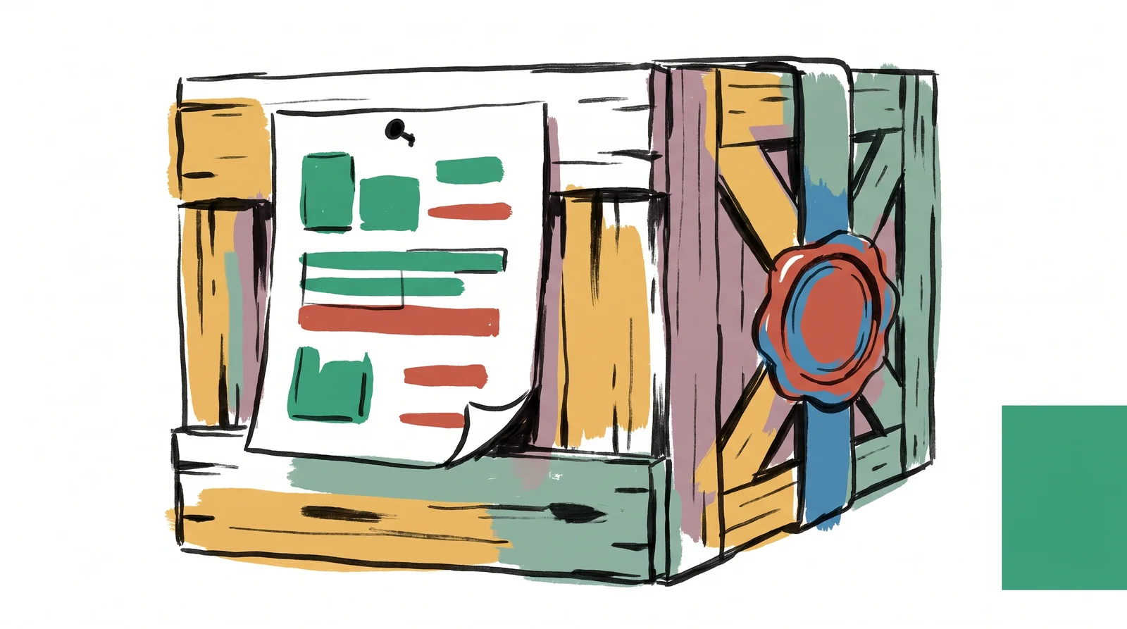 An ink drawing of a wooden shipping crate with a wax seal, and a paper label pinned to its side with a single tack, the label's corner curling.