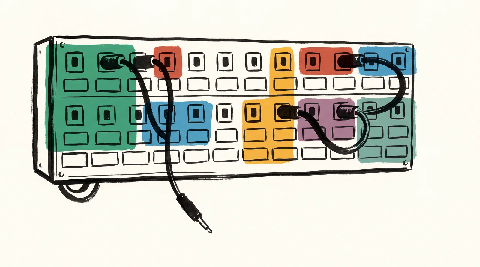 An ink drawing of an old studio patch bay, rows of sockets in coloured blocks, a few black cables plugged between them and one cable hanging loose.