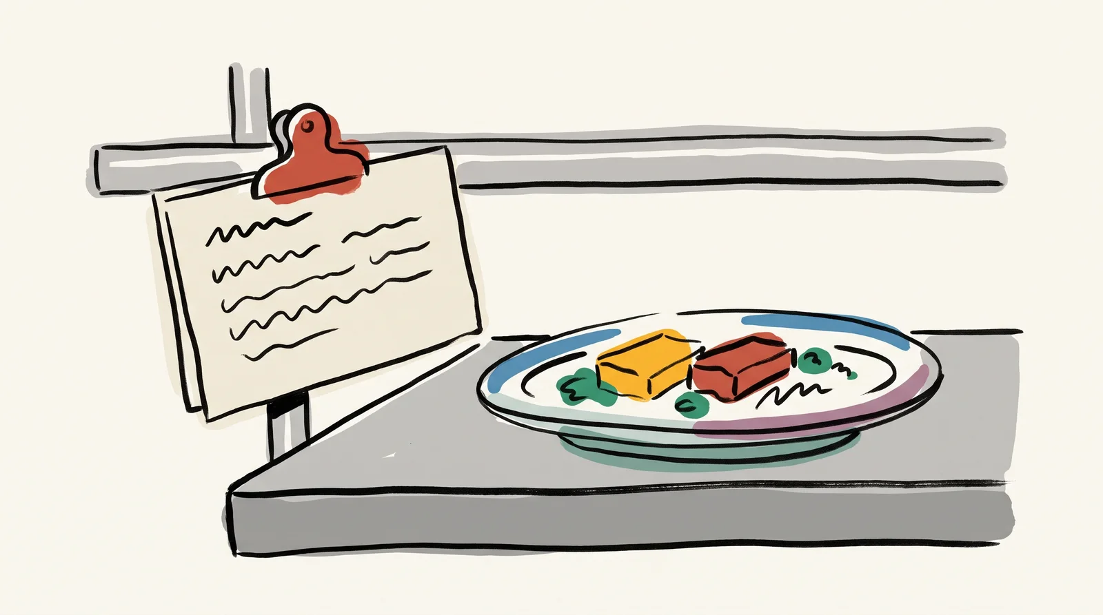 An ink drawing of a recipe card with wavy lines for writing, clipped to a steel kitchen pass, beside a white plate holding a finished dish.
