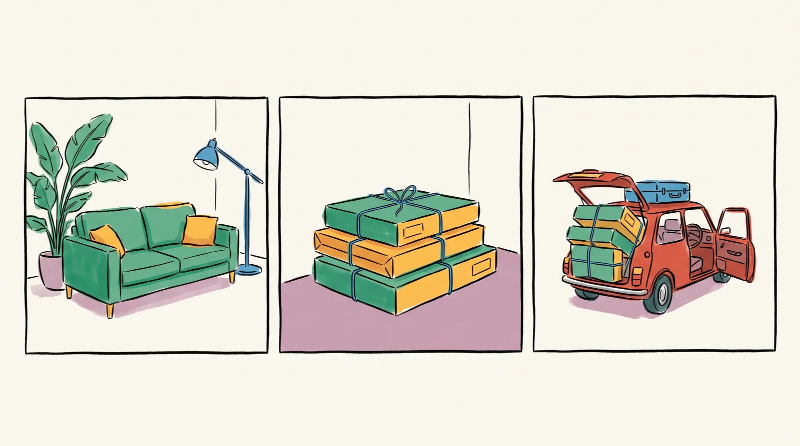 An ink drawing in three panels: a green sofa in a room, the same sofa flat-packed into three boxes, and the boxes squeezed into the open boot of a small red car.